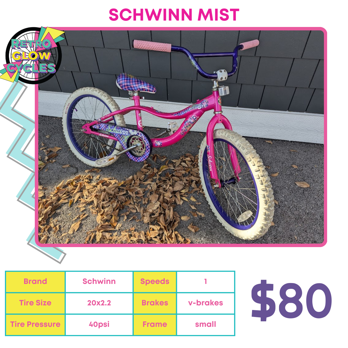 schwinn bicycle sale Schwinn Mist 20" Kids Bike – Retro Glow Cycles