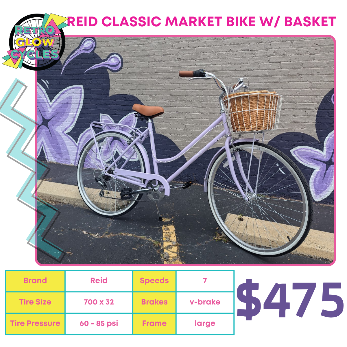 Reid Classic Market Bike (Lilac) (Large) w/ basket – Retro Glow Cycles