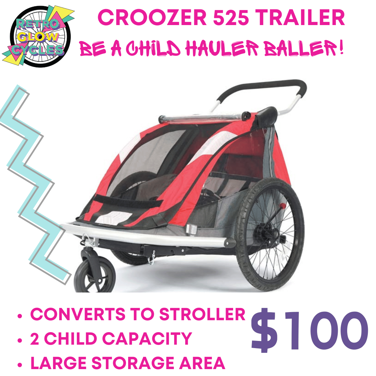 double trailer stroller USED Croozer 525 2 Kid Trailer / Stroller – Retro Glow Cycles