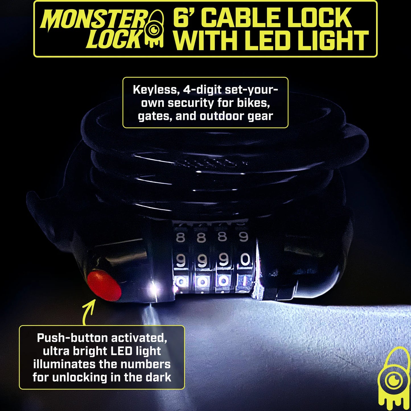 Monster Lock 6-Foot x 12-Gauge Combination Lock with Built-in LED