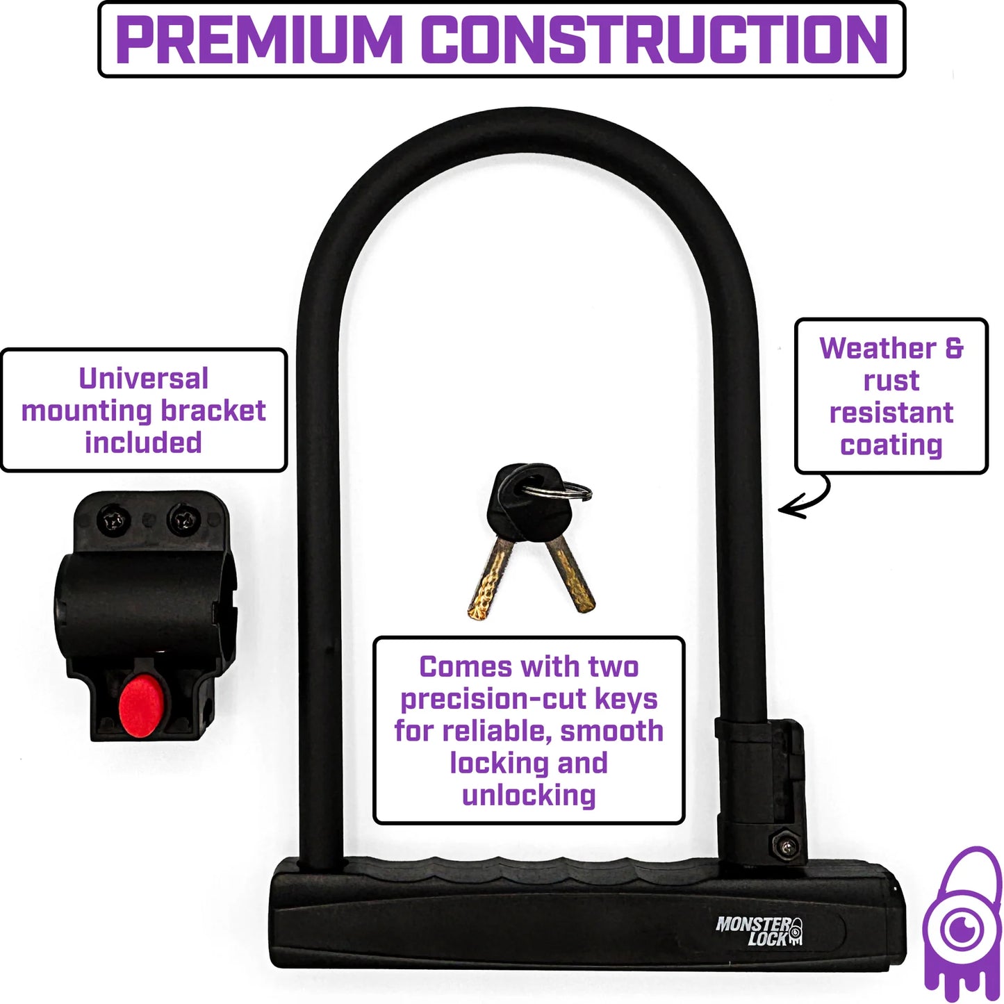 Monster Lock Heavy Duty U-Lock with Mounting Bracket & 2 Keys