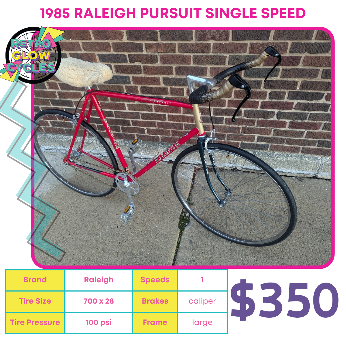 1985 Raleigh Pursuit Single Speed Bike Retro Glow Cycles