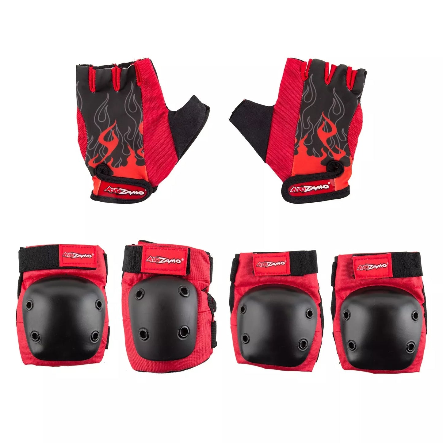 Kidzamo HD Elbow/Knee Pads & Glove Set Red Flame Medium Age 8+ Bike, Skateboard